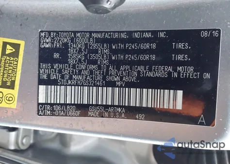 2016 Toyota Highlander Xle V6 z USA, uszkodzony, nr VIN 5TDJKRFH7GS321461